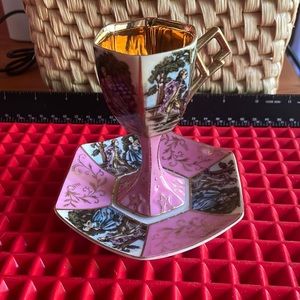 ANTIQUE PINK & GOLD VICTORIAN PEDESTAL DEMITASSE TEACUP AND SAUCER
